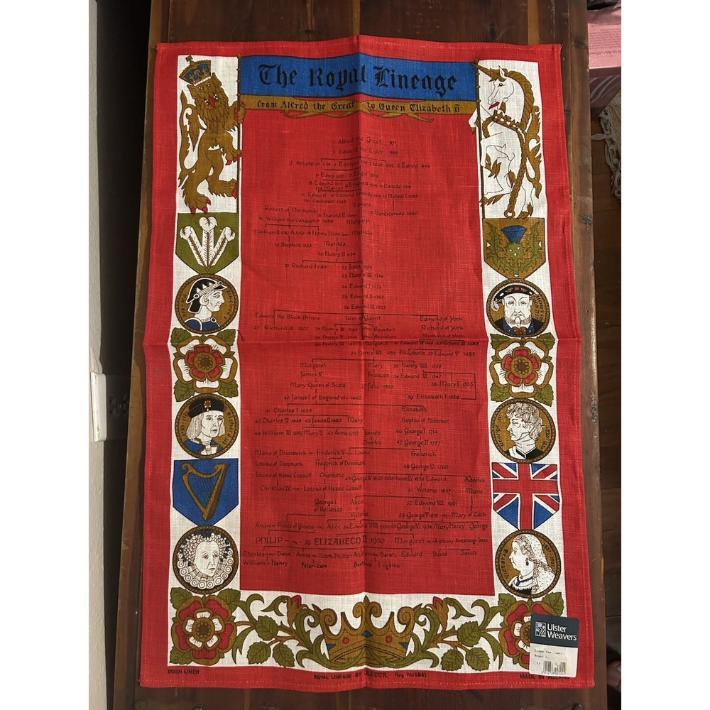 Vintage Ulster Irish Linen Tea Towel- The Royal Lineage Wall Hanging Art- NWT‎